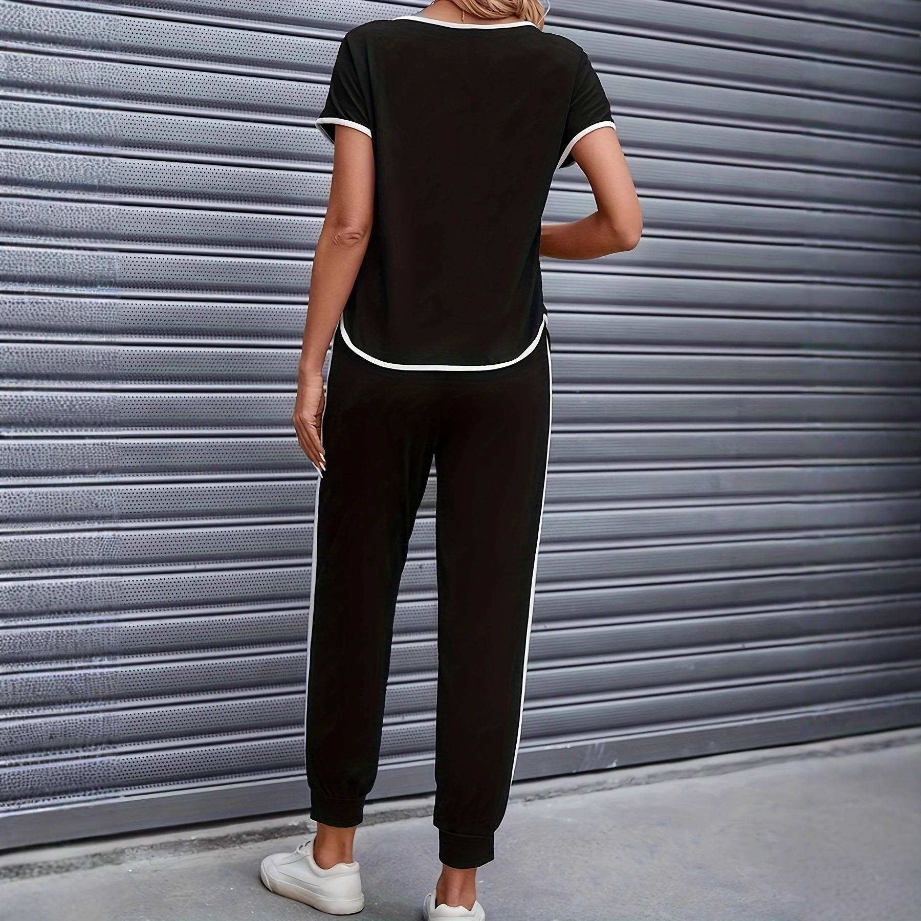 Damenbekleidung Color Block Trim Casual Anzug im amerikanischen Stil, schlichte, lockere Passform, Kurzarm, Frühling, Sommer, Herbst, Neu_voghion.com