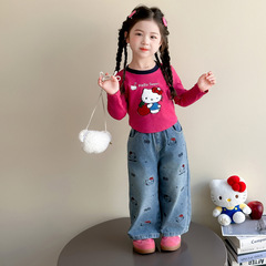 女童套装春秋季2025新款小女孩卡通长袖T恤秋装儿童牛仔裤两件套