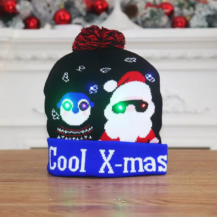 Transfronterizo nuevo luminoso sombrero de navidad niños adultos otoño e invierno cálido europeo y americano jersey de punto sombrero de lana impresa sombrero