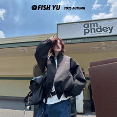 FISHYU十三行早秋新款老钱风百搭字母简约刺绣宽松翻领夹克625139