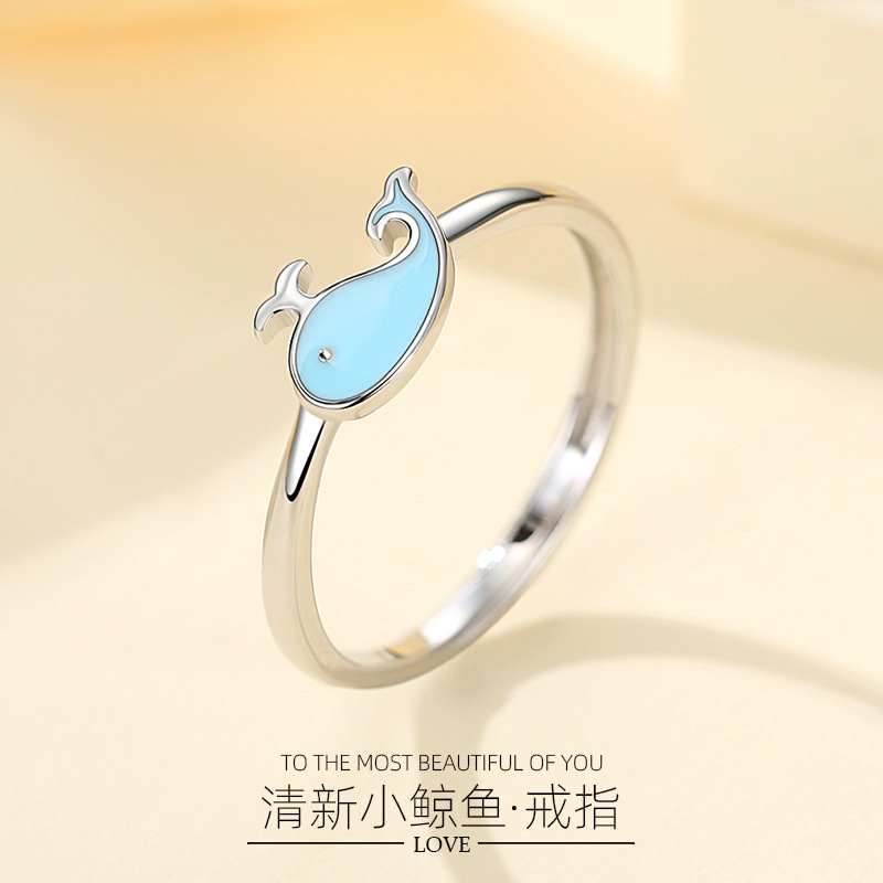 S925 plata esterlina pequeño animal anillo hembra dibujos animados pequeña ballena delfín anillo simple temperamento abierto anillo femenino al por mayor