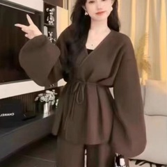 穿搭一整套时尚休闲针织套装女秋冬新款针织外套开衫阔腿裤两件套
