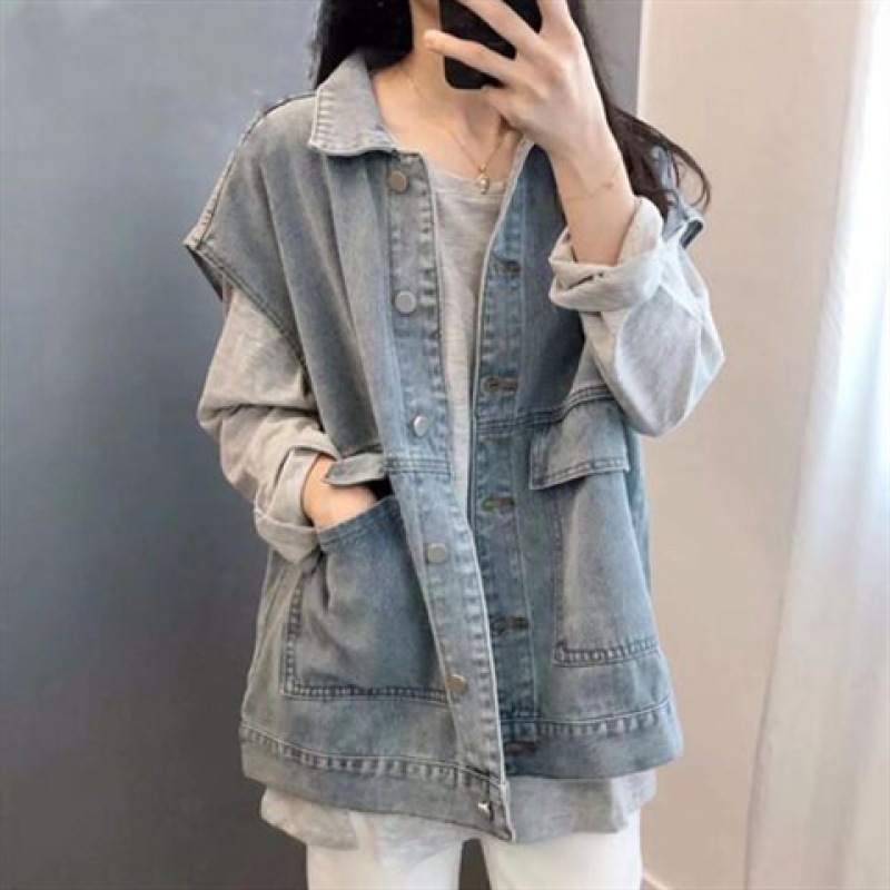 复古做旧拼皮牛仔布短外套女设计感小众休闲宽松小个子短款洋气上|undefined