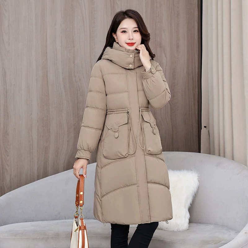 Fitted warm long brace, down jacket with hood, Korean style