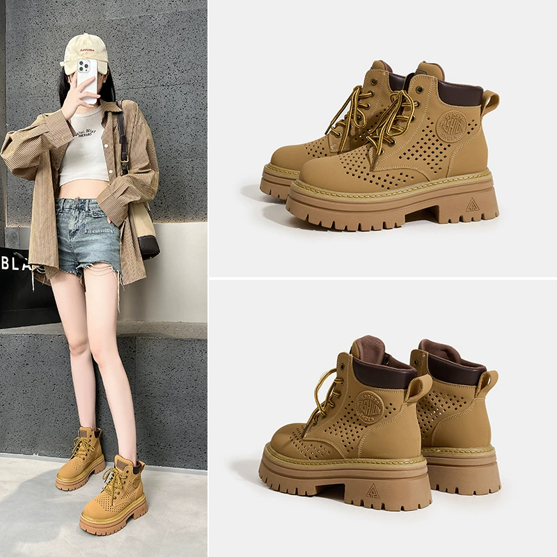 Женские полуботинки Мартин из натуральной кожи, увеличивающие рост, с перфорацией, новинка лета 2025 года, на толстой подошве, универсальные, дышащие, желтые, для улицы.