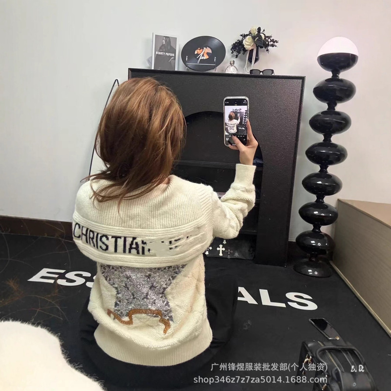 Nanyou Haute Couture Cd Home Autumn/Winter New Navy Collar Heavy Embroidered Pentagram Diamond Pattern Single-Breasted Knitted Cardigan