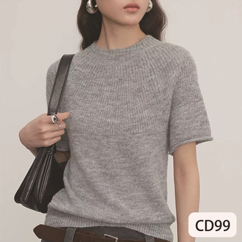 Minimalist style threaded short-sleeved sweater sweater for women's autumn and winter 2026 new style semi-high collar small soft waxy top trend