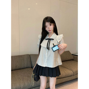H2C College Style Suit Women's Sweet Bubble Short Sleeve Striped Shirt Black A-Line Pleated Skirt Two