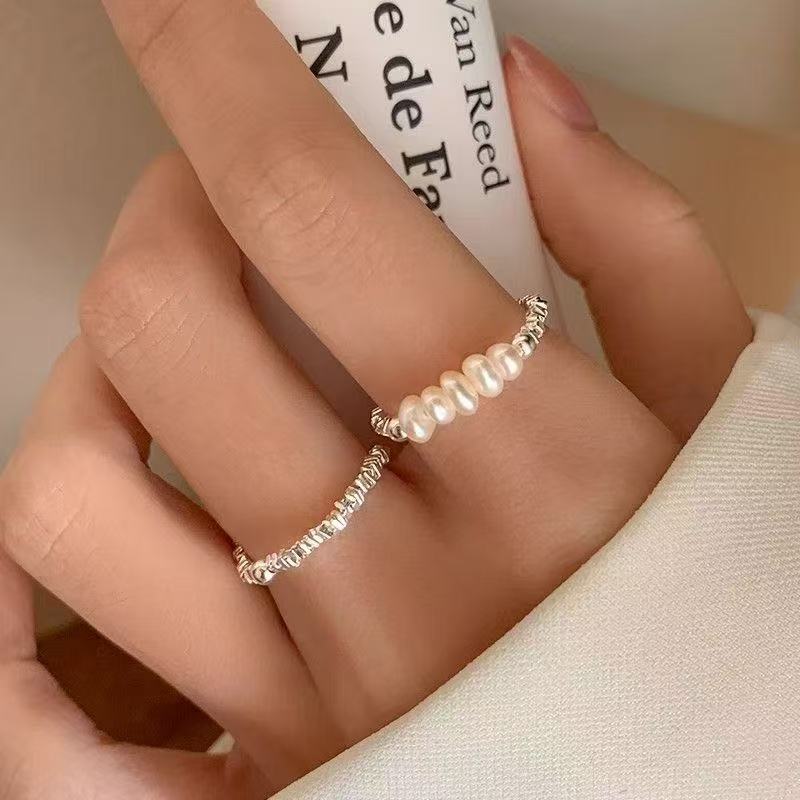 Broken Silver Pearl Fashion Ring Ins Niche Design Classy Index Finger Simple Ring Elastic Rope Stacking Women's Style