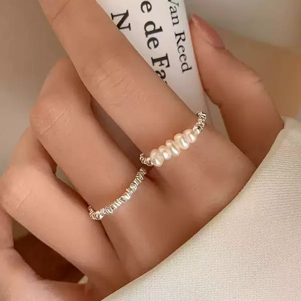 Broken Silver Pearl Fashion Ring Ins Niche Design Classy Index Finger Simple Ring Elastic Rope Stacking Women's Style