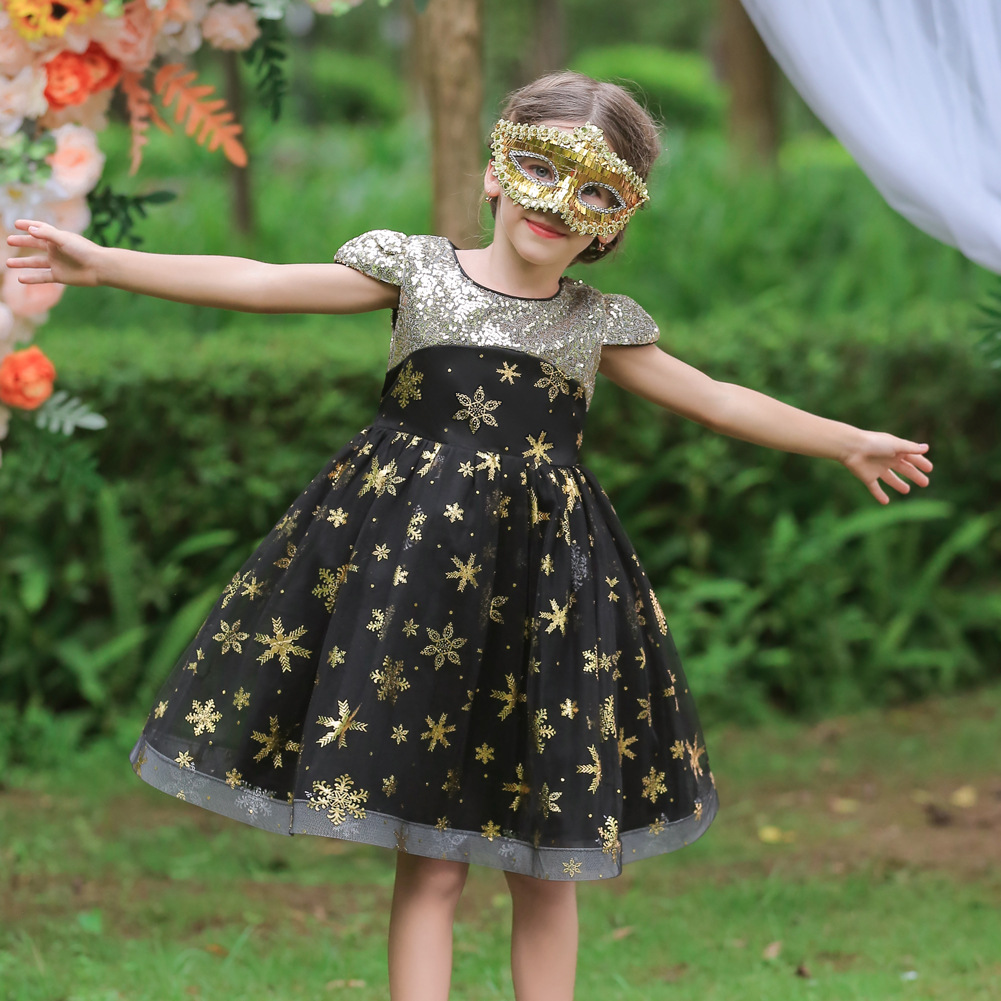 外貿(mào)新款童裝兒童萬(wàn)圣節(jié)服裝晚禮服女童短袖亮片公主裙圣誕連衣裙