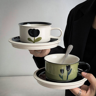 Retro green high-grade coffee cup suit with tray French niche latte Garland afternoon tea water Cup