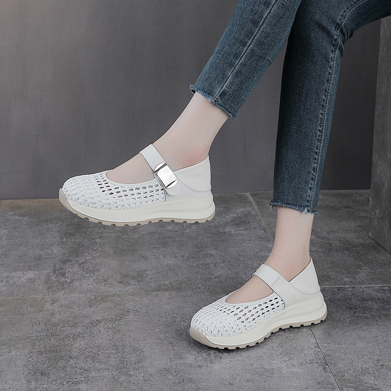 Sandal Mary Jane nữ da bò thật đế dày tăng chiều cao — màu be