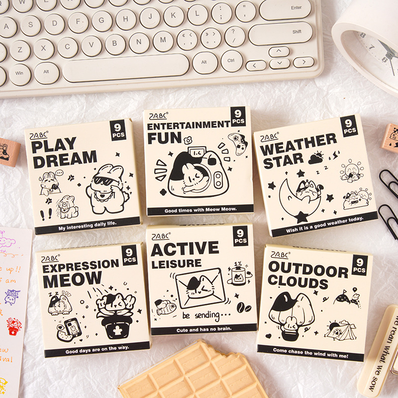 Registro de tiempo, juego de sellos de madera, bricolaje, impresión de diario de cuenta manual, dibujos animados transfronterizos, clima animal, sello de cuenta manual