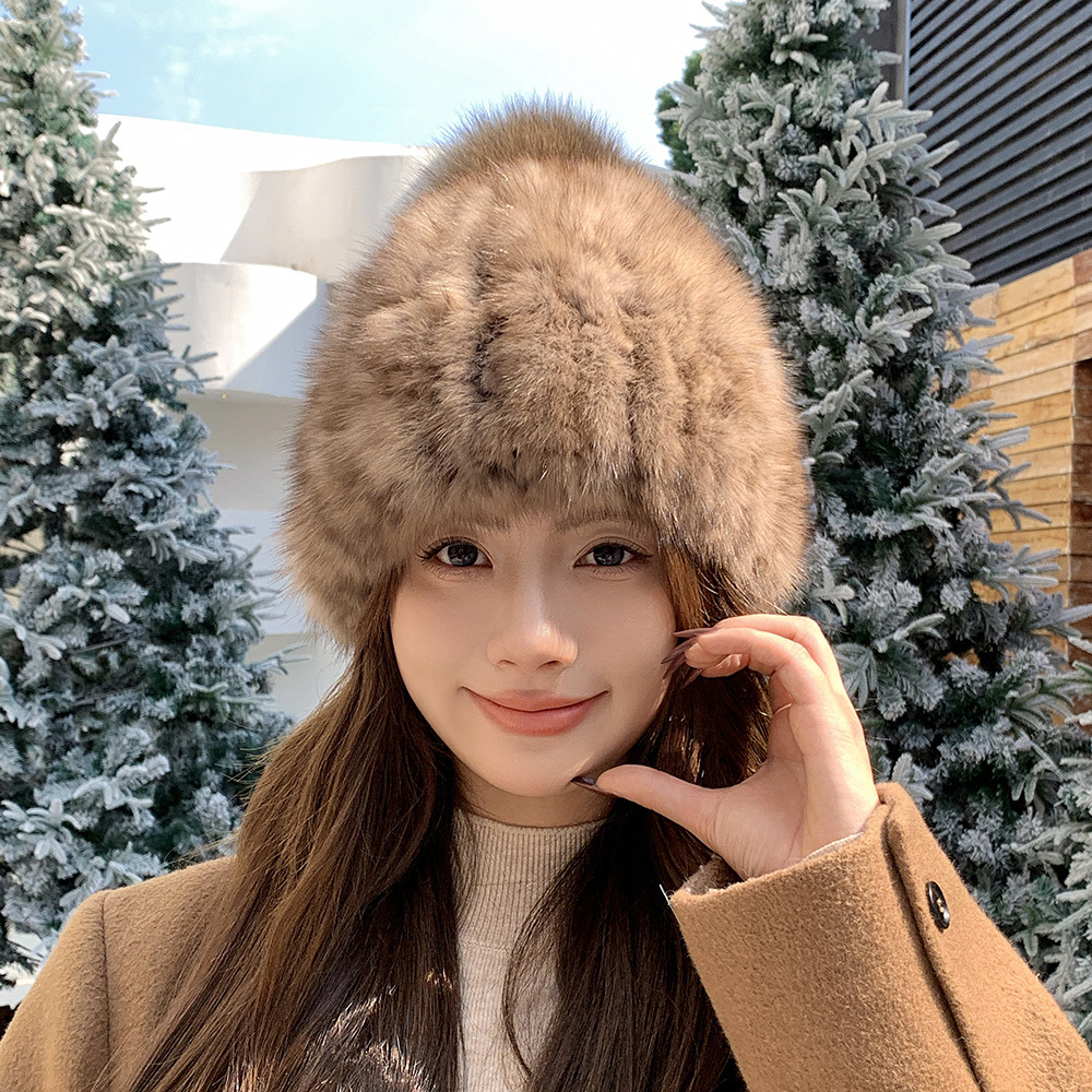 여성을위한 세이블 모피 모자 겨울 모피 밍크 모피 모자 니트 따뜻한 귀 보호 다목적 플러시