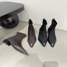 小小西弹力鞋韩版尖头短靴2023爆款法式瘦瘦靴低跟显瘦紫色高跟鞋