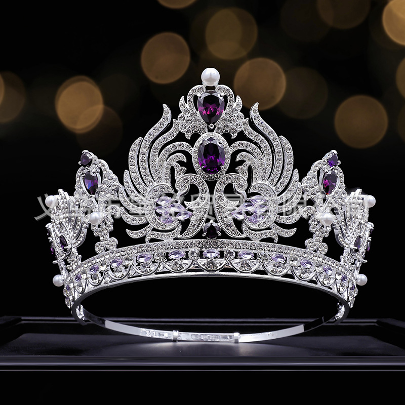 Circón púrpura del desfile de la Corona Perla Rhinestone completo redondo corona volver tamaño ajustable vestido tocado