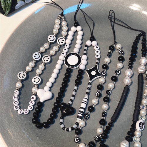 Korean style ins style new black smiley face mobile phone lanyard mobile phone case beaded love smile square mobile phone chain