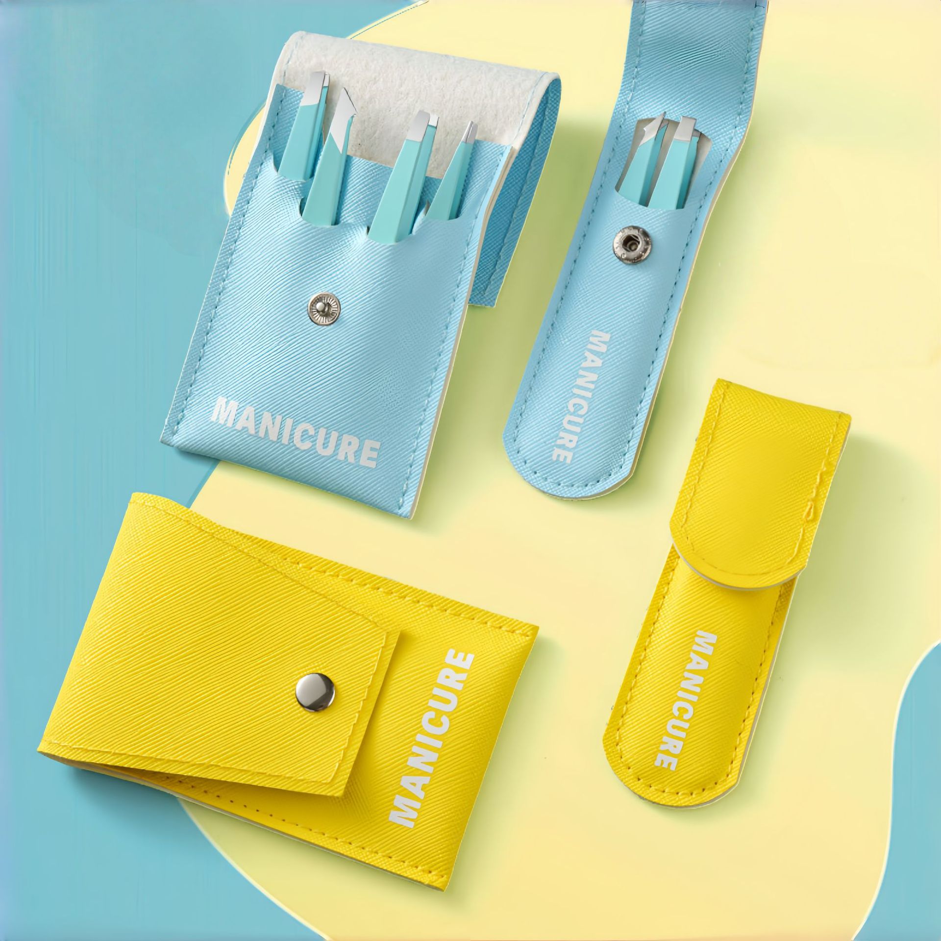 Spot Factory Direct Supply Stainless Steel Classic Blue Yellow Tweezers Set 4-Piece/2-Piece Beauty Tools