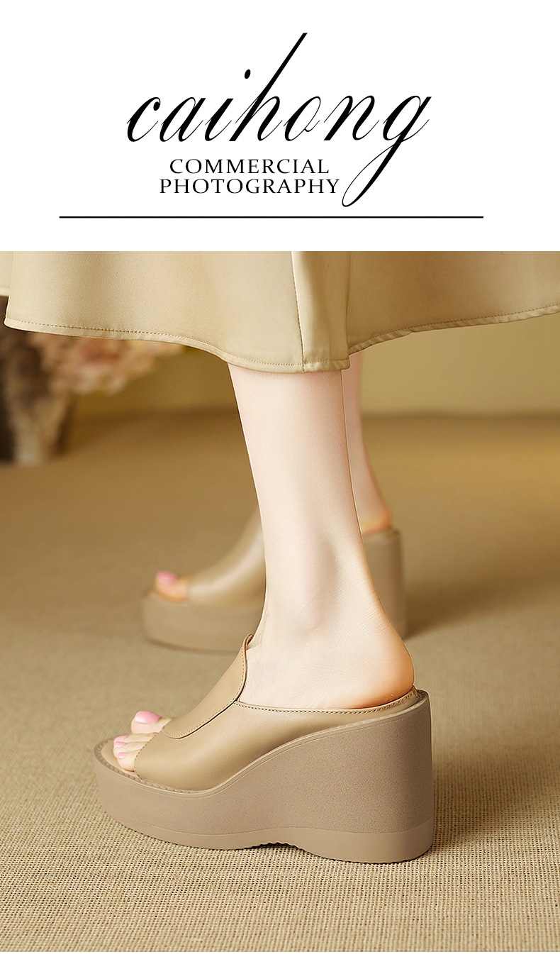 Dép sandal nữ quai chữ V đế xuồng cao gót 9 cm da bò mũi cá — đen chi tiết 2