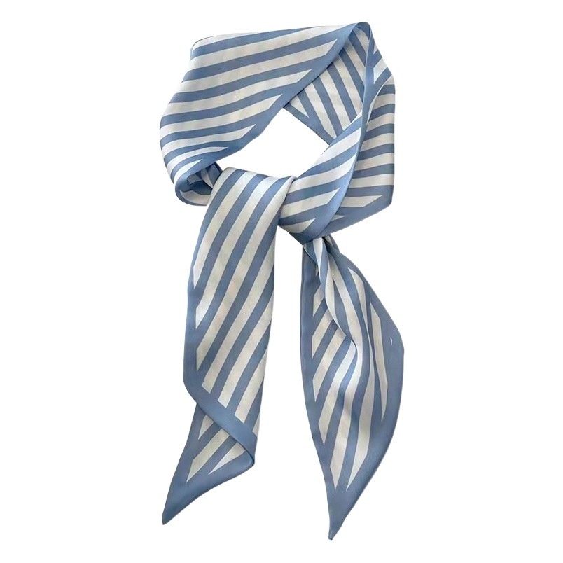 Little Han Mei Daily Ethereal Blue Small Silk Scarf Women's ins Long Streak Tie Bag Hair Band Imitation Silk Scarf Spring and Summer