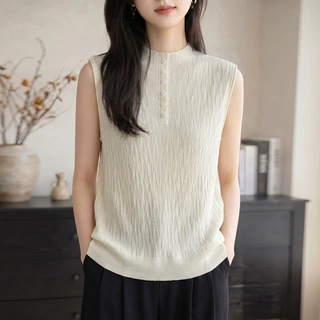 精纺羊毛2026秋冬新款女式宽松半高领乱坑无袖打底马甲背心针织衫