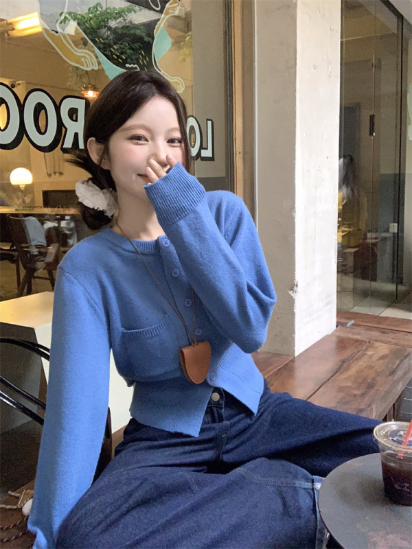 早秋小众设计感收腰系带圆领外套上衣韩系纯色毛衣百搭甜美开衫女|undefined