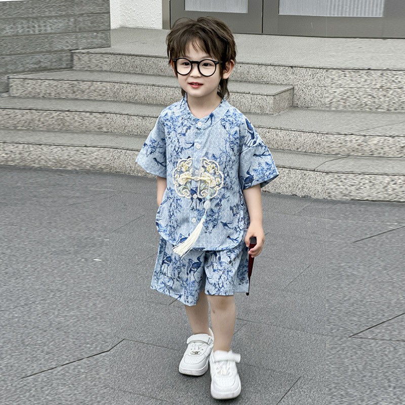 新しい子供の中国風スーツ夏の男の子の唐スーツ漢服半袖9点パンツ古代スタイルの新しい中国風の2点セット|undefined