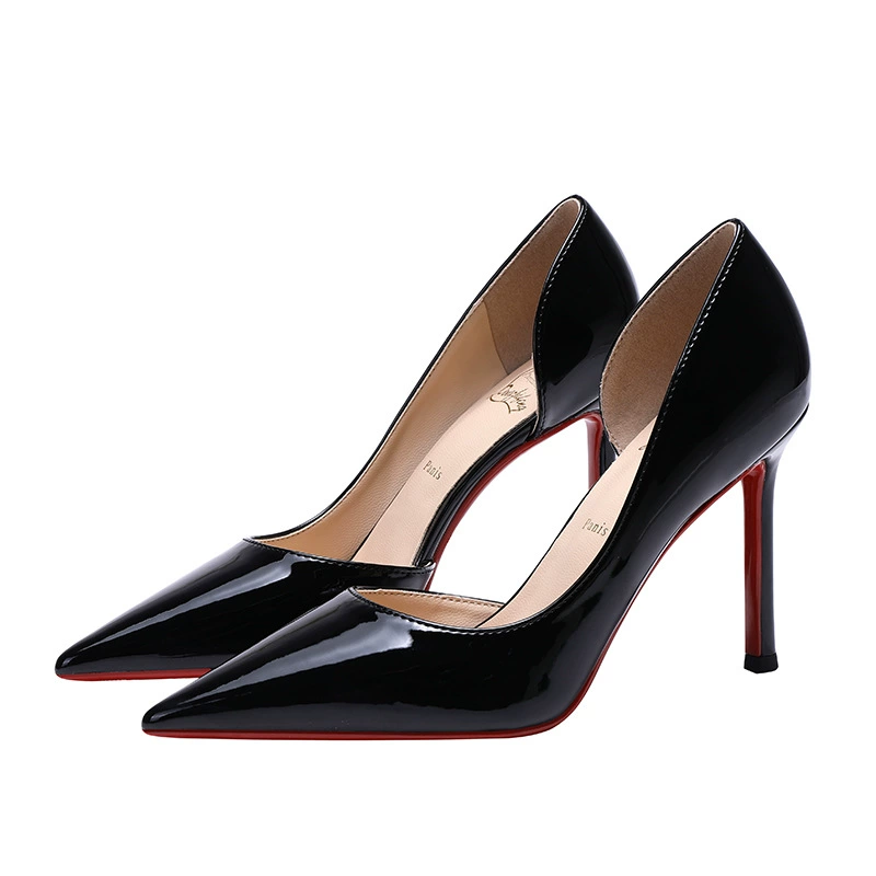Nude side empty high heels for women red sole stiletto 2025 new pointed toe shallow mouth patent leather sexy temperament and beautiful single shoes