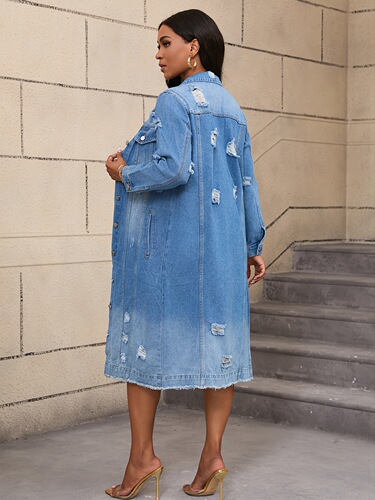 Women's Long Ripped Denim Jacket with Real Pockets Casual