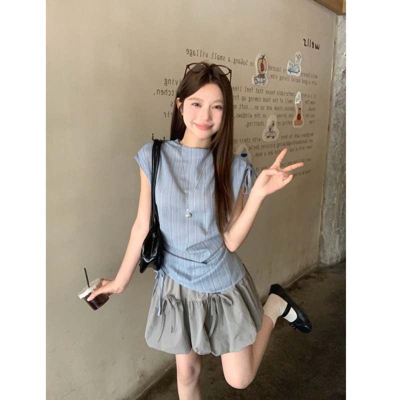 Improved Model, Please See the Actual Blue French Striped Drawstring Strap Shirt for Women before Placing an Order. New for Summer