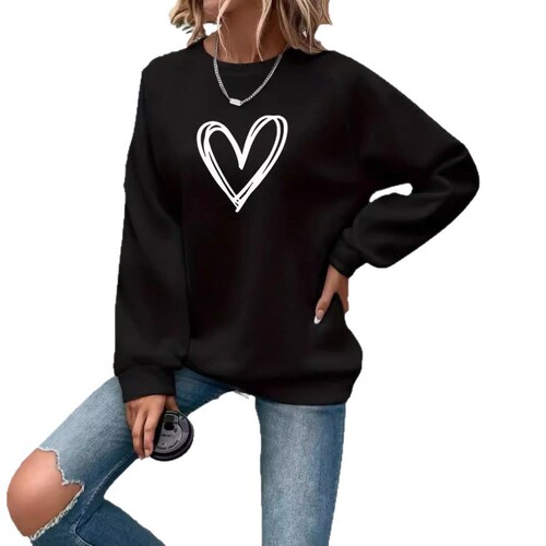 Women's Cozy Plush Crewneck Long-Sleeve Sweatshirt with Heart Print, a Hot Selling Item in Europe and America