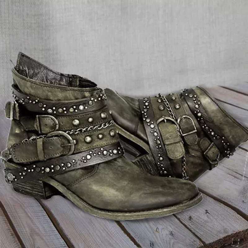Women's Pointed Toe Ankle Boots With Rivets And Mid Heel For Women_voghion.com