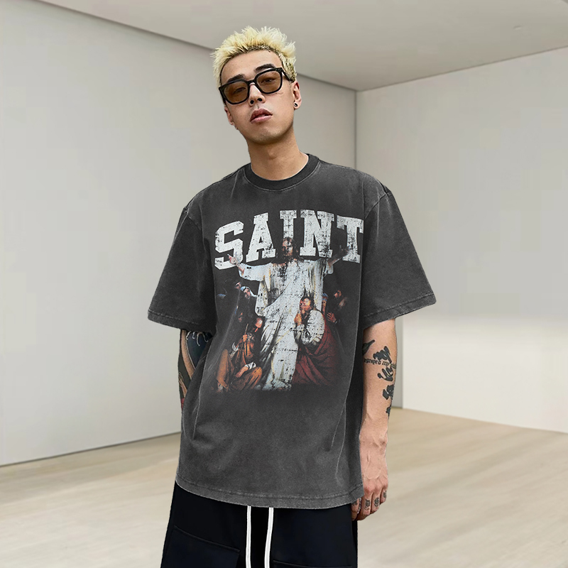 Saint Michael Talk American Washed Old Portrait Trendyy Round Neck Short-Sleeved Summer Loose T-Shirt for Men