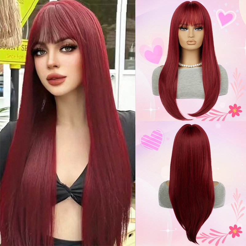 Cross-border European and American wig female wine red long hair straight bangs chemical fiber full head cover daily cos factory wholesale wigs
