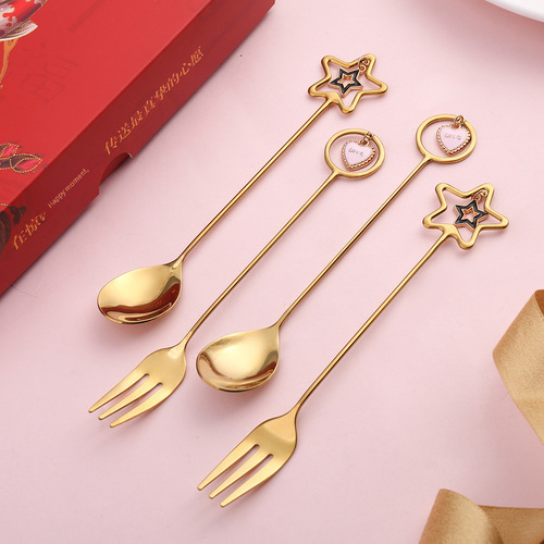 L304 Creative Star Pendant Spoon Heart-shaped Coffee Stirring Dessert Spoon Girls' Gift Set Fork Spoon Gift Box