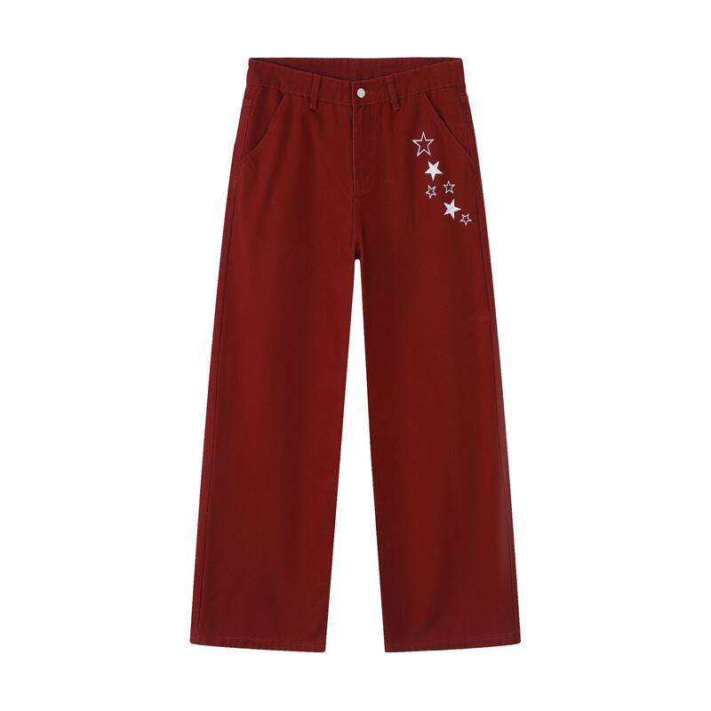 Quần dài nam ống rộng lưng trung in họa tiết ngôi sao Mỹ, form suông thoải mái — Xanh da trờicolor, màu kaki, màu xám, màu đỏ