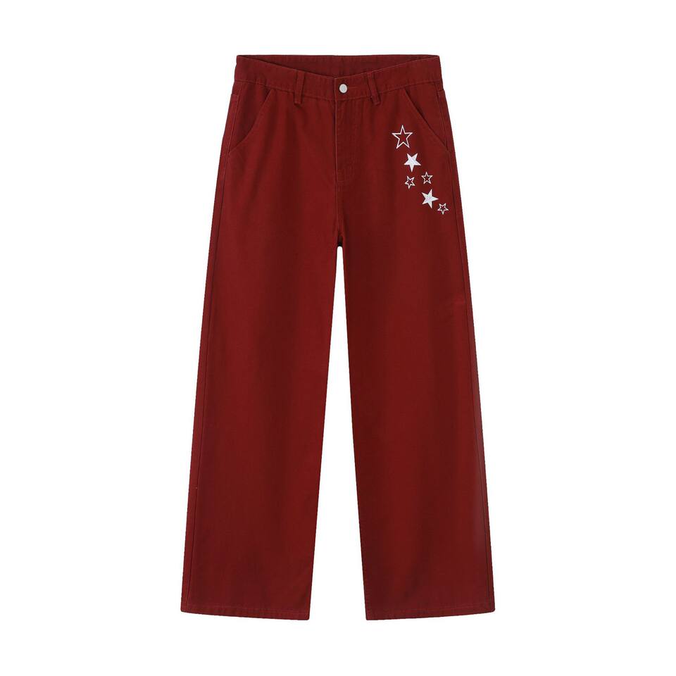 Quần dài nam ống rộng lưng trung in họa tiết ngôi sao Mỹ, form suông thoải mái — Xanh da trờicolor, màu kaki, màu xám, màu đỏ