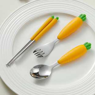 Cute carrot silicone children's tableware for mother and baby stainless steel for new born, spoon, chopsticks, fork 3