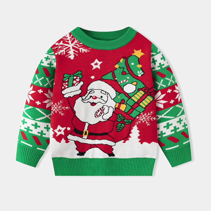 Fábrica de origen Europa y Estados Unidos ropa infantil transfronteriza otoño y invierno Santa Claus Jacquard suéter de cuello redondo para hombres y mujeres camisas de punto