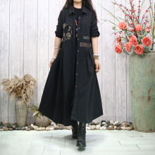 原创文艺洗水棉麻开衫秋季新款宽松大码长袖撞色拼接大摆长外套