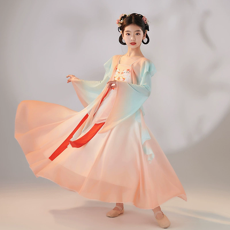 Новая детская классическая танцевальная одежда в древнем стиле, элегантная марлевая одежда для выступлений, одежда для занятий китайским танцем, одежда для дочери, одежда в одном стиле