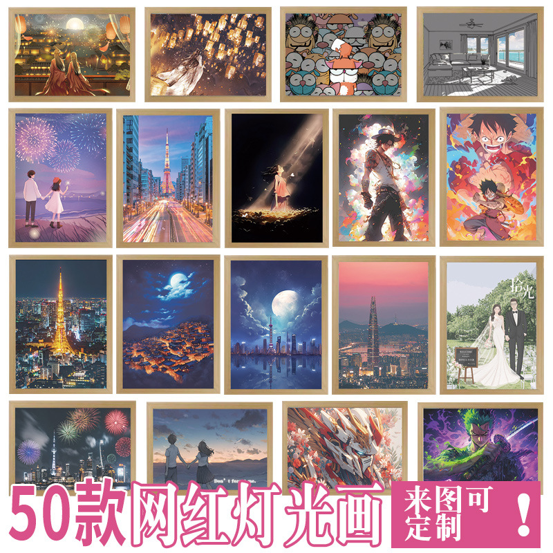 Tres colores TikTok popular pintura ligera de dibujos animados dormitorio noche pintura luminosa marco de fotos de madera maciza creativo bricolaje fabricante