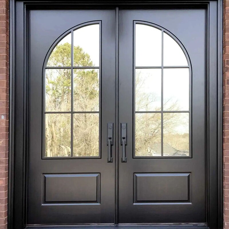 Oak Wood Veneer Solid Wood Lacquered Arched Glass Entrance Door French Style Courtyard Double Door Set