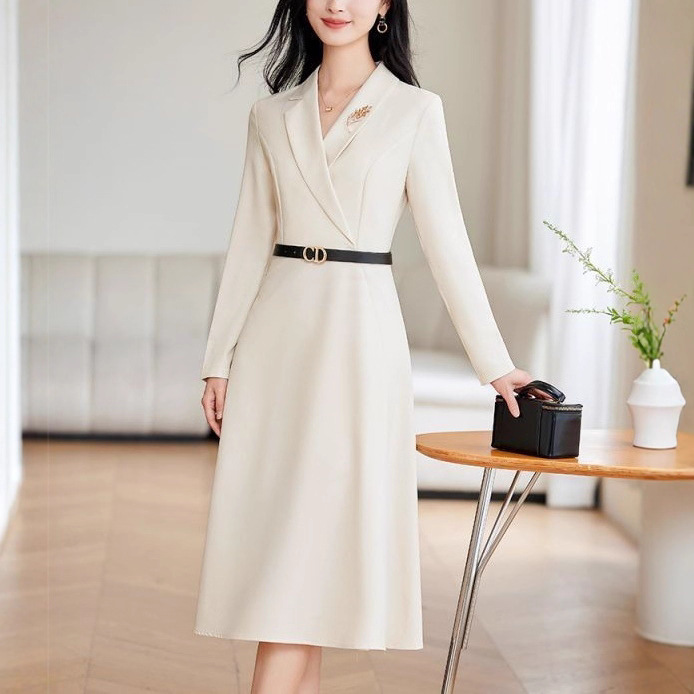 主持人西装连衣裙演讲服装女杏色商务正装礼服时尚收腰正装西装裙|undefined