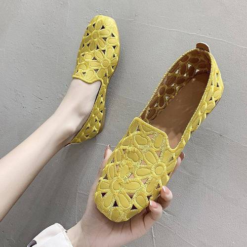 Hollow-out summer flat bean pod shoes for women, square-toe single shoes for women, shallow mouth mother shoes
