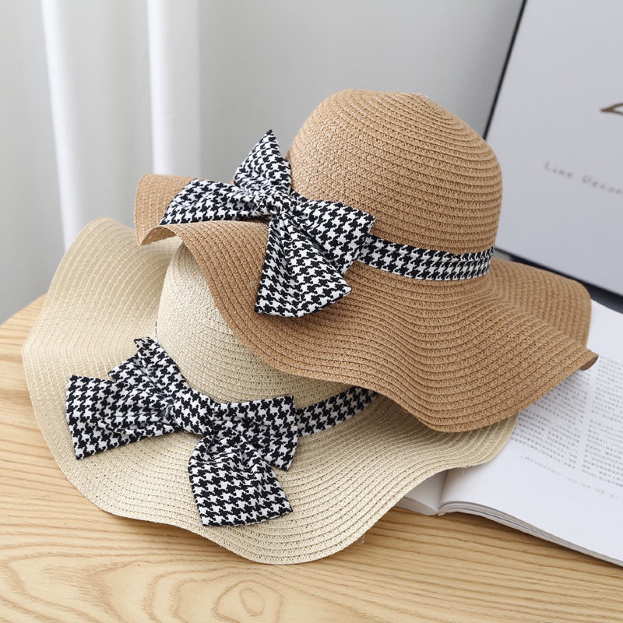 Summer bow tie hat large brim grass hat outdoor beach sun hat elegant fashionable women's wave edge sun hat