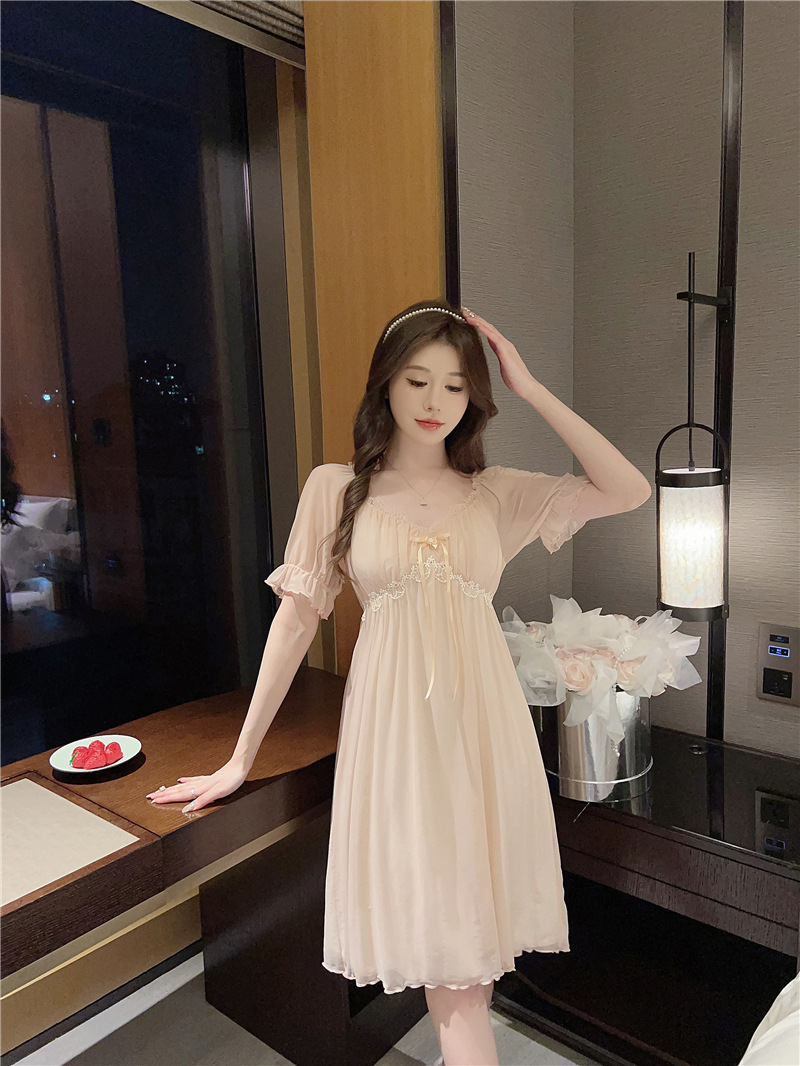 잠옷 여성용 23 새로운 부드러운 메쉬 달콤한 프랑스 스타일 편안한 레이스 짧은 소매 진 레이 잠옷 면 가슴과 가정 의류