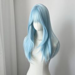 【ミントアイスブルー】女性用ウィッグ 前髪あり レイヤードロングストレートヘア ミントブルー マットシルク ナチュラル フルヘッドバンドスタイル