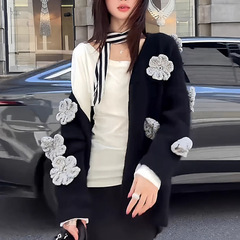 慵懒风黑色立体花朵长袖针织衫女早秋韩系穿搭设计感宽松短款上衣